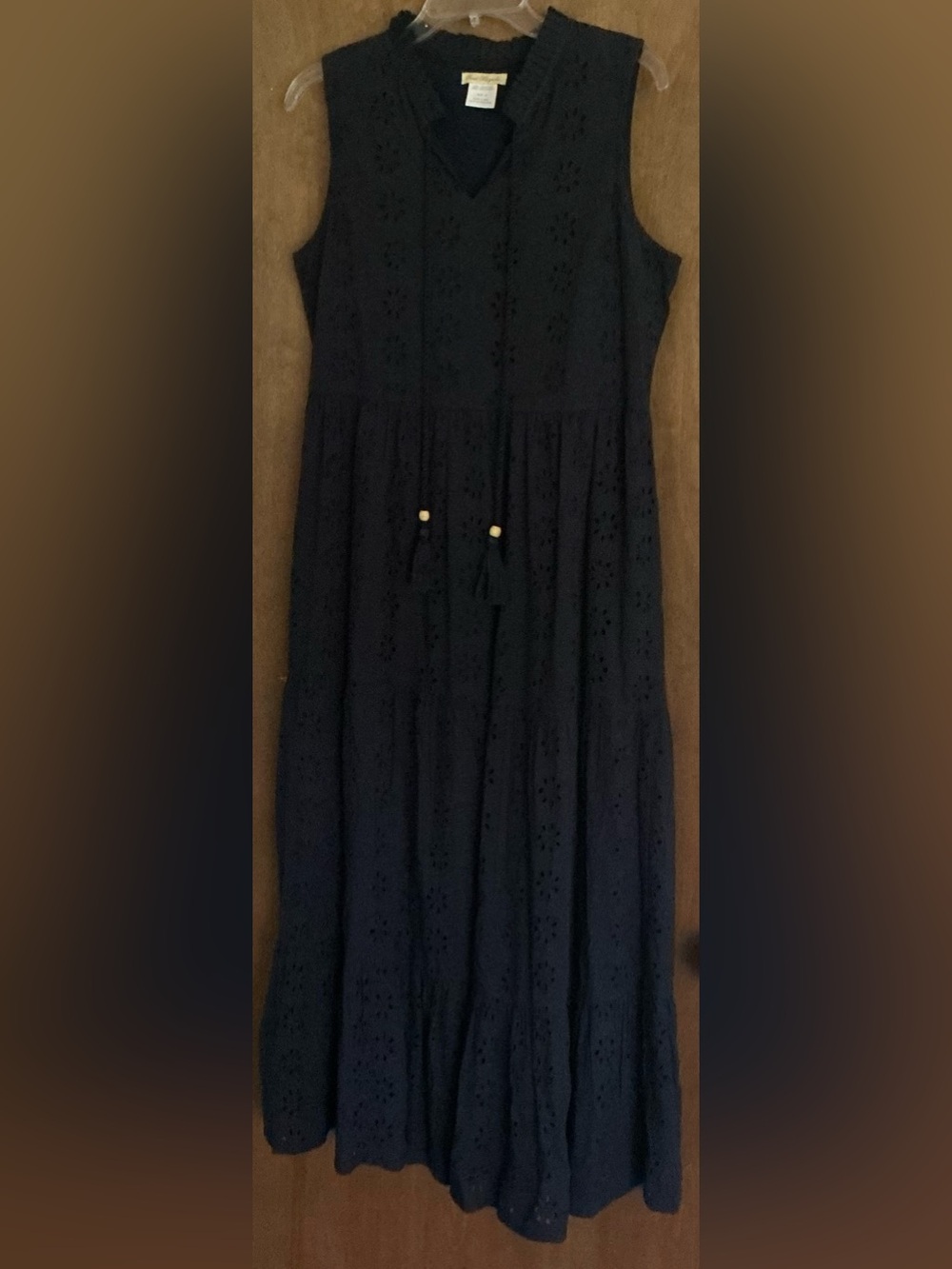 Sweet Magnolia Navy Blue Eyelet Boho Tiered Maxi Dress M Lined Cotton Ruffle